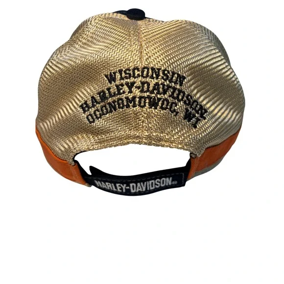 Harley-Davidson Hat Oconomowoc WI Wisconsin Mesh Trucker Cap Black Gold Orange - Picture 3 of 9